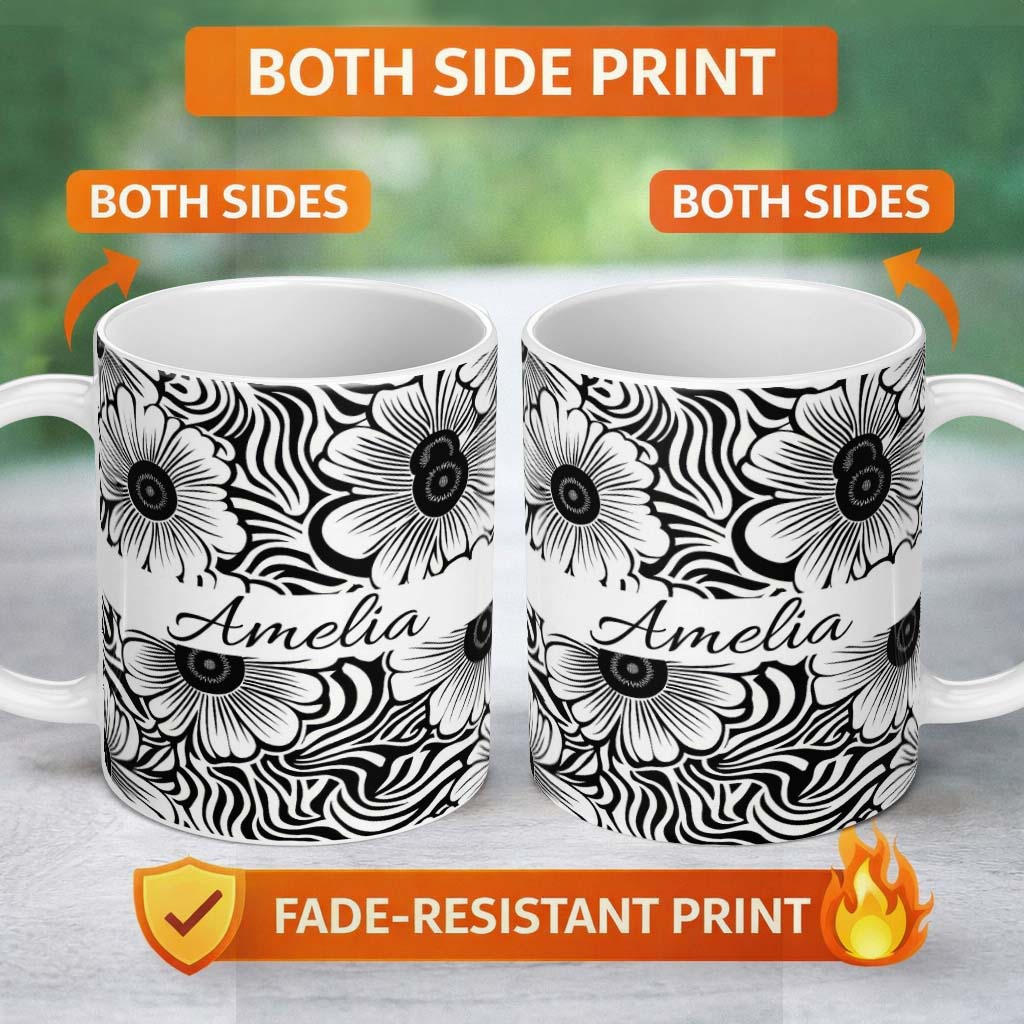 Personalized Custom Name Black White Flower Repeat Seamless Pattern Name Cute Unique Gift 11oz Ceramic Coffee Tea Mug White Large Handle