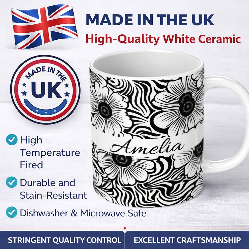 Personalized Custom Name Black White Flower Repeat Seamless Pattern Name Cute Unique Gift 11oz Ceramic Coffee Tea Mug White Large Handle