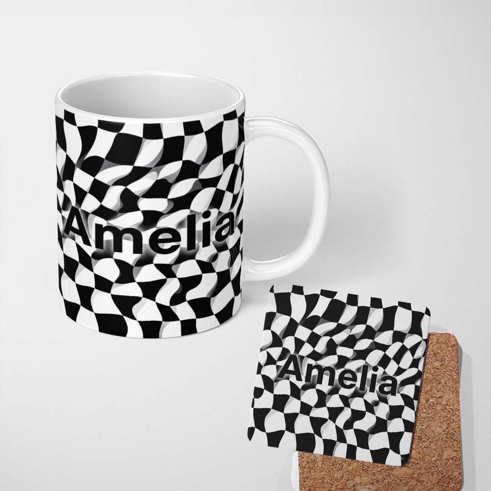 Personalized Custom Name Black White Botanical Line Art Floral Seamless Pattern Name Cute 11oz Ceramic Coffee Tea Mug White Large Handle