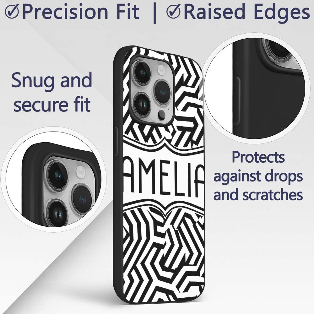 Black White Wavy Checkered Optical Printed Design Custom Name Protective Phone Case Mobile Cover Durable Everyday Smartphone Shock Resistant