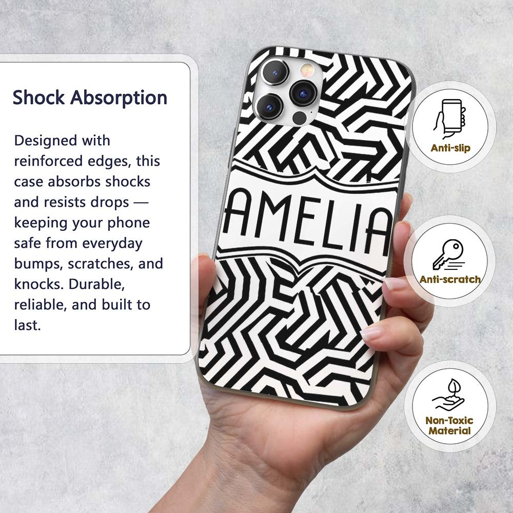 Black White Wavy Checkered Optical Printed Design Custom Name Protective Phone Case Mobile Cover Durable Everyday Smartphone Shock Resistant