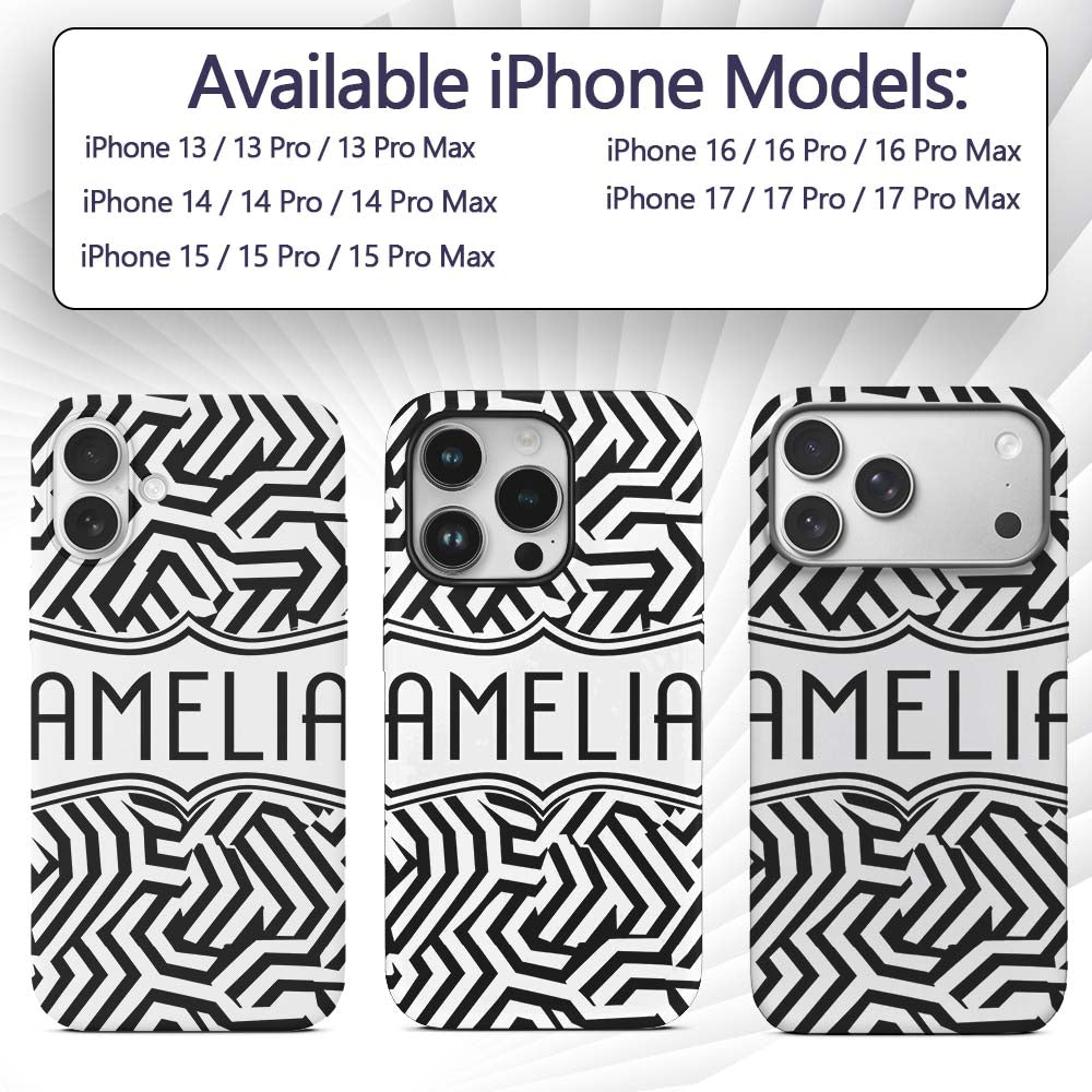 Black White Wavy Checkered Optical Printed Design Custom Name Protective Phone Case Mobile Cover Durable Everyday Smartphone Shock Resistant