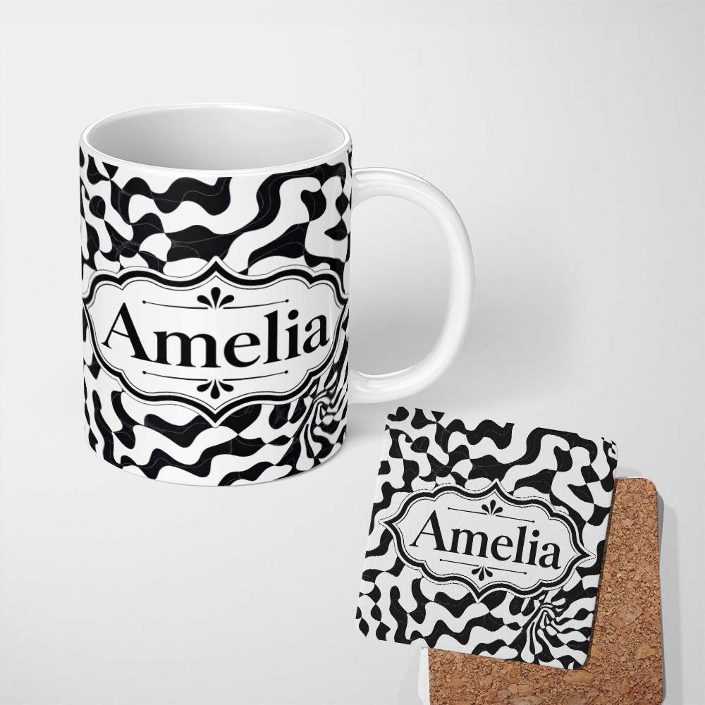Personalized Custom Name Black White Geometric Maze Abstract Seamless Pattern Name Cute 11oz Ceramic Coffee Tea Mug White Large Handle