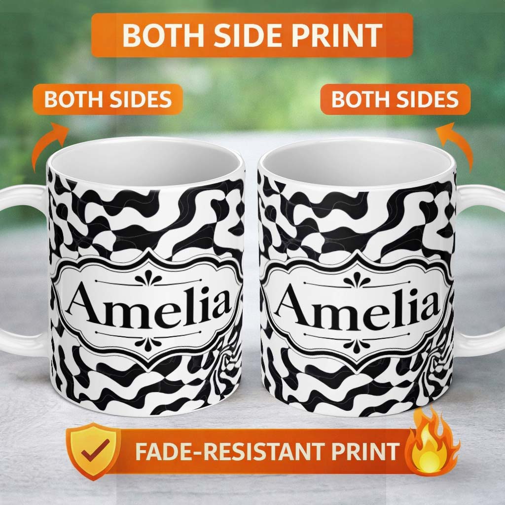 Personalized Custom Name Black White Geometric Maze Abstract Seamless Pattern Name Cute 11oz Ceramic Coffee Tea Mug White Large Handle