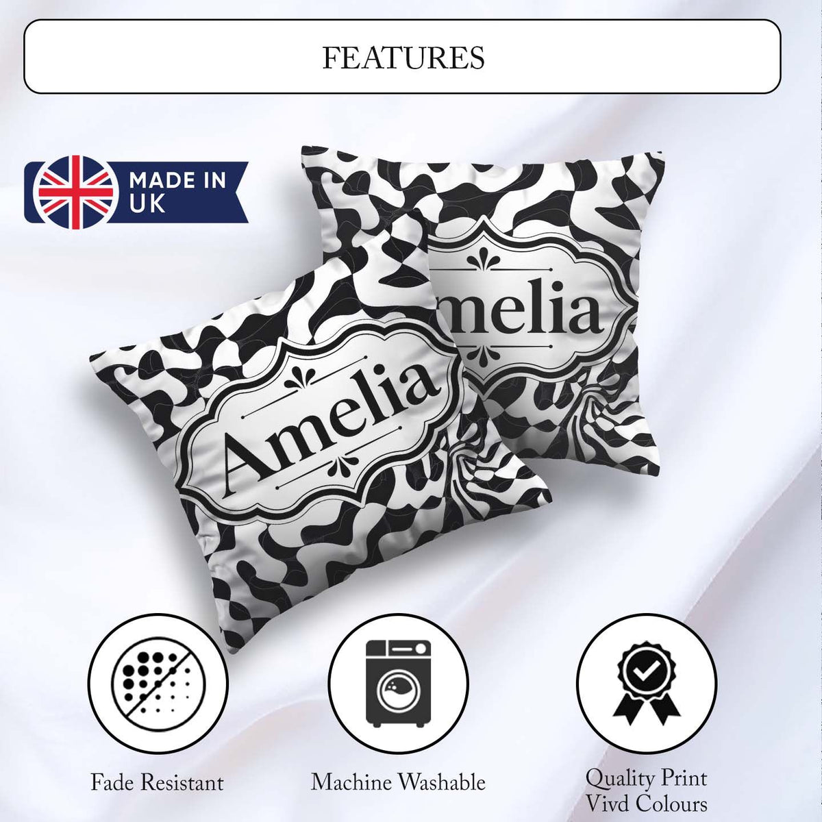 Custom Name Black White Maze Abstract Seamless Pattern Name Cute Square Filled Cushion Throw Pillow Sofa Bed Home Decor Zip Washable UK Made