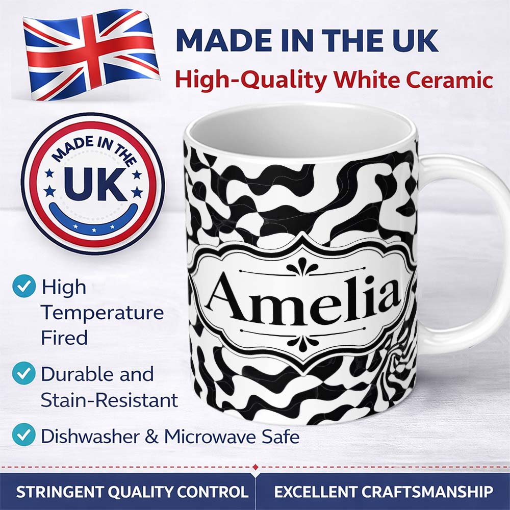 Personalized Custom Name Black White Geometric Maze Abstract Seamless Pattern Name Cute 11oz Ceramic Coffee Tea Mug White Large Handle