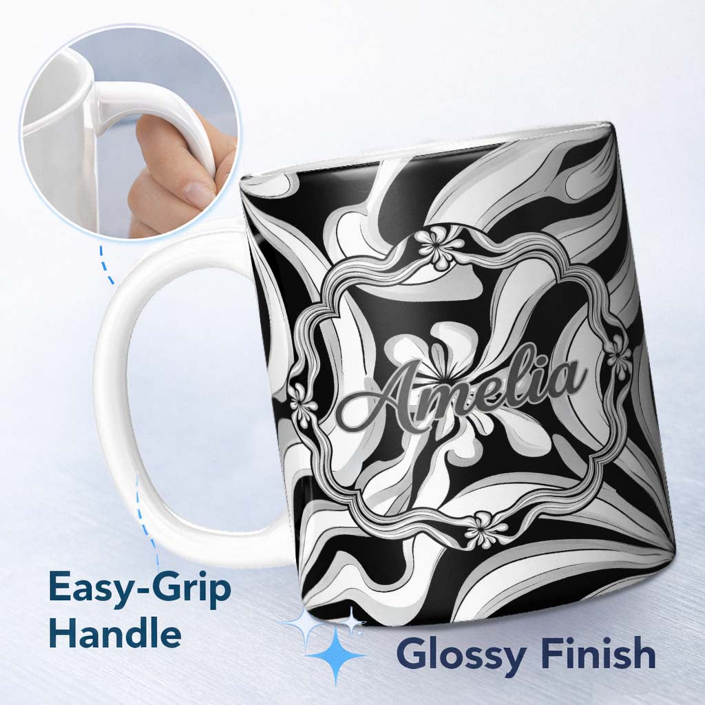 Personalized Custom Name Black White Abstract Flowing Liquid Marble Seamless Pattern Name 11oz Ceramic Coffee Tea Mug White Large Handle