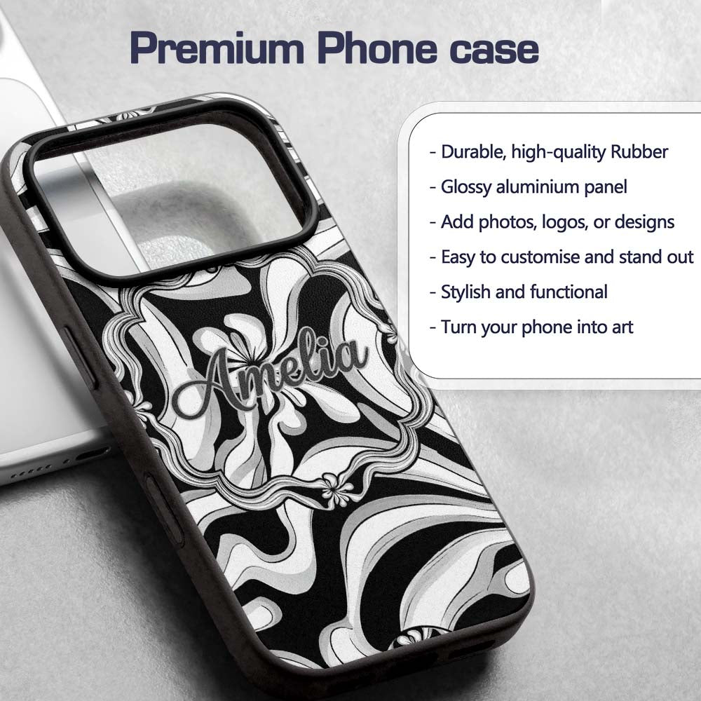 Black White Abstract Flowing Decorative Design Custom Name Protective Phone Case Mobile Cover Durable Everyday Smartphone Shock Resistant