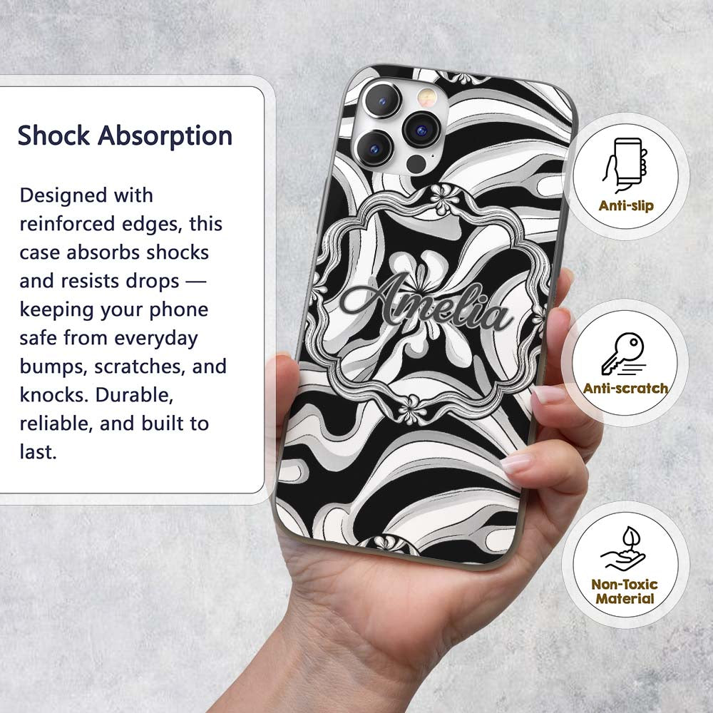 Black White Abstract Flowing Decorative Design Custom Name Protective Phone Case Mobile Cover Durable Everyday Smartphone Shock Resistant