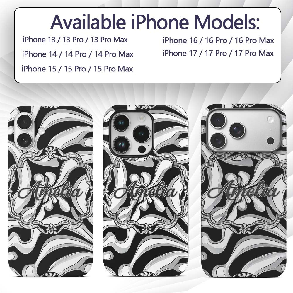 Black White Abstract Flowing Decorative Design Custom Name Protective Phone Case Mobile Cover Durable Everyday Smartphone Shock Resistant