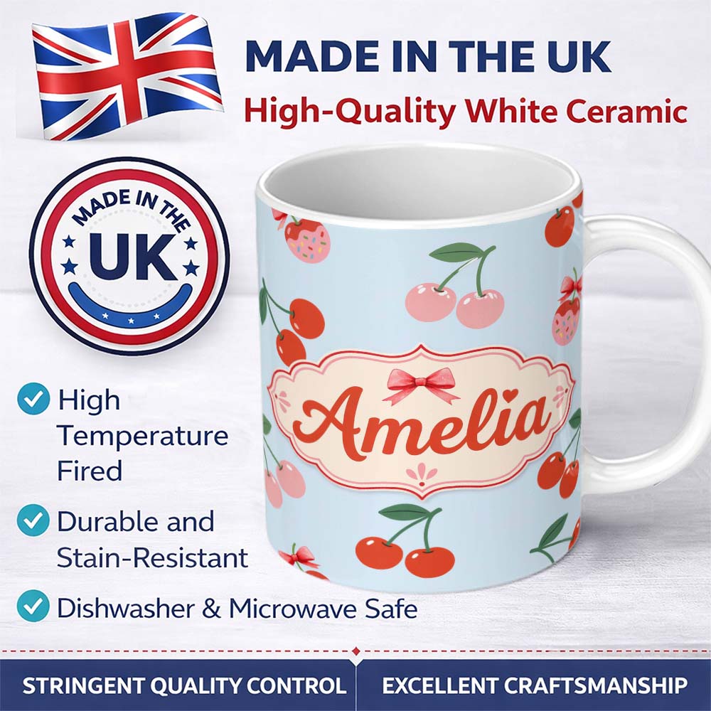 Personalized Custom Name Cute Cherry Fruit Pastel Blue Background Sweet Seamless Pattern 11oz Ceramic Coffee Tea Mug White Large Handle