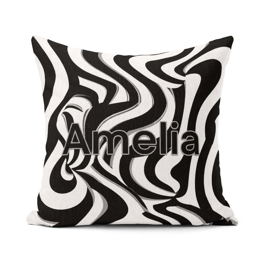 Custom Name Black White Zebra Wave Optical Abstract Pattern Name Square Filled Cushion Throw Pillow Sofa Bed Home Decor Zip Washable UK Made