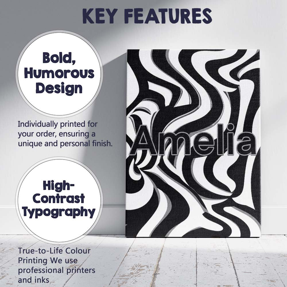 Personalised Name Black White Zebra Wave Custom Unique Gift Idea Elegant Feature Canvas Wall Art Print Decor Picture Ready to Hang