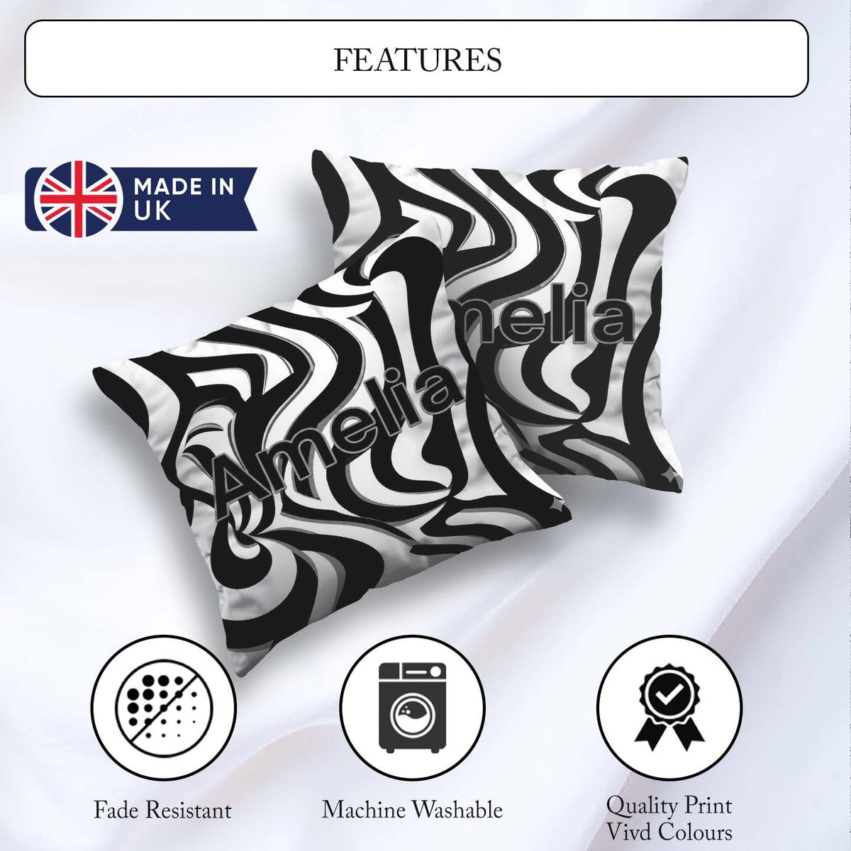 Custom Name Black White Zebra Wave Optical Abstract Pattern Name Square Filled Cushion Throw Pillow Sofa Bed Home Decor Zip Washable UK Made