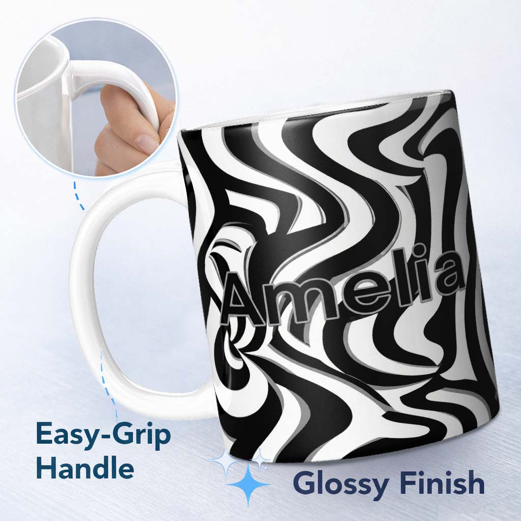 Personalized Custom Name Black White Zebra Wave Optical Abstract Seamless Pattern Name Cute 11oz Ceramic Coffee Tea Mug White Large Handle
