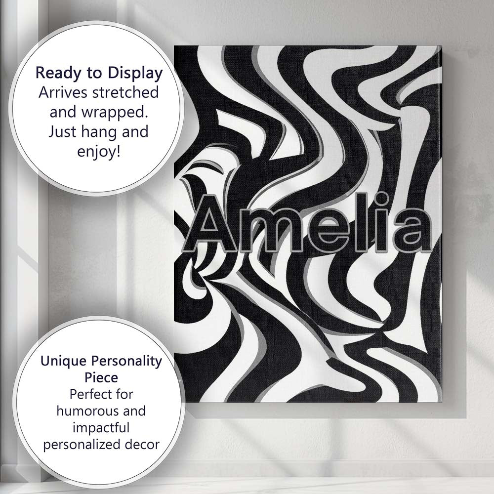 Personalised Name Black White Zebra Wave Custom Unique Gift Idea Elegant Feature Canvas Wall Art Print Decor Picture Ready to Hang