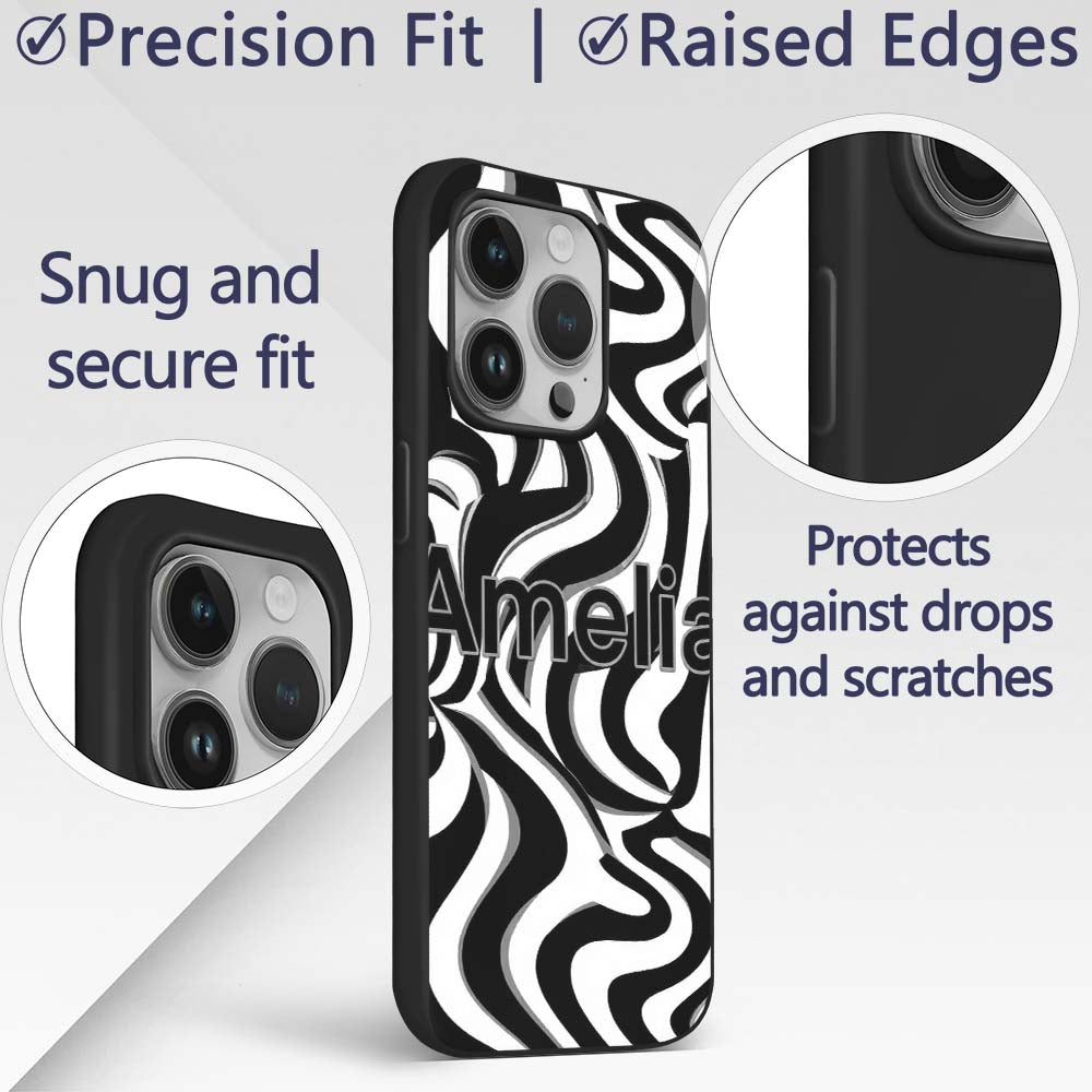 Black White Zebra Wave Optical Abstract Seamless Custom Name Protective Phone Case Mobile Cover Durable Everyday Smartphone Shock Resistant