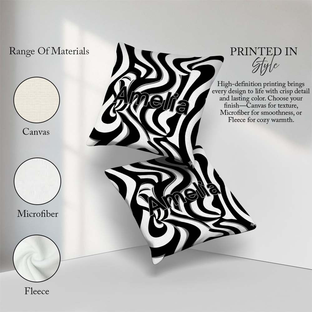 Custom Name Black White Zebra Wave Optical Abstract Pattern Name Square Filled Cushion Throw Pillow Sofa Bed Home Decor Zip Washable UK Made