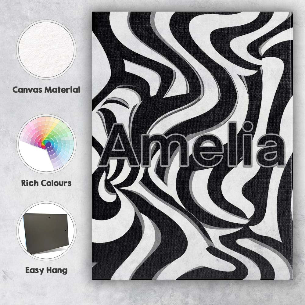 Personalised Name Black White Zebra Wave Custom Unique Gift Idea Elegant Feature Canvas Wall Art Print Decor Picture Ready to Hang
