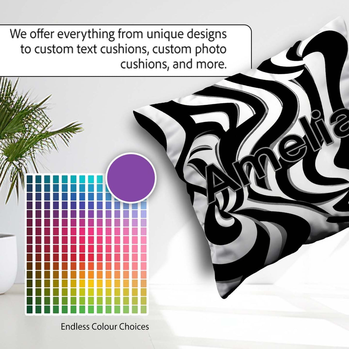 Custom Name Black White Zebra Wave Optical Abstract Pattern Name Square Filled Cushion Throw Pillow Sofa Bed Home Decor Zip Washable UK Made