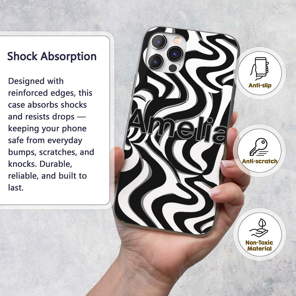 Black White Zebra Wave Optical Abstract Seamless Custom Name Protective Phone Case Mobile Cover Durable Everyday Smartphone Shock Resistant