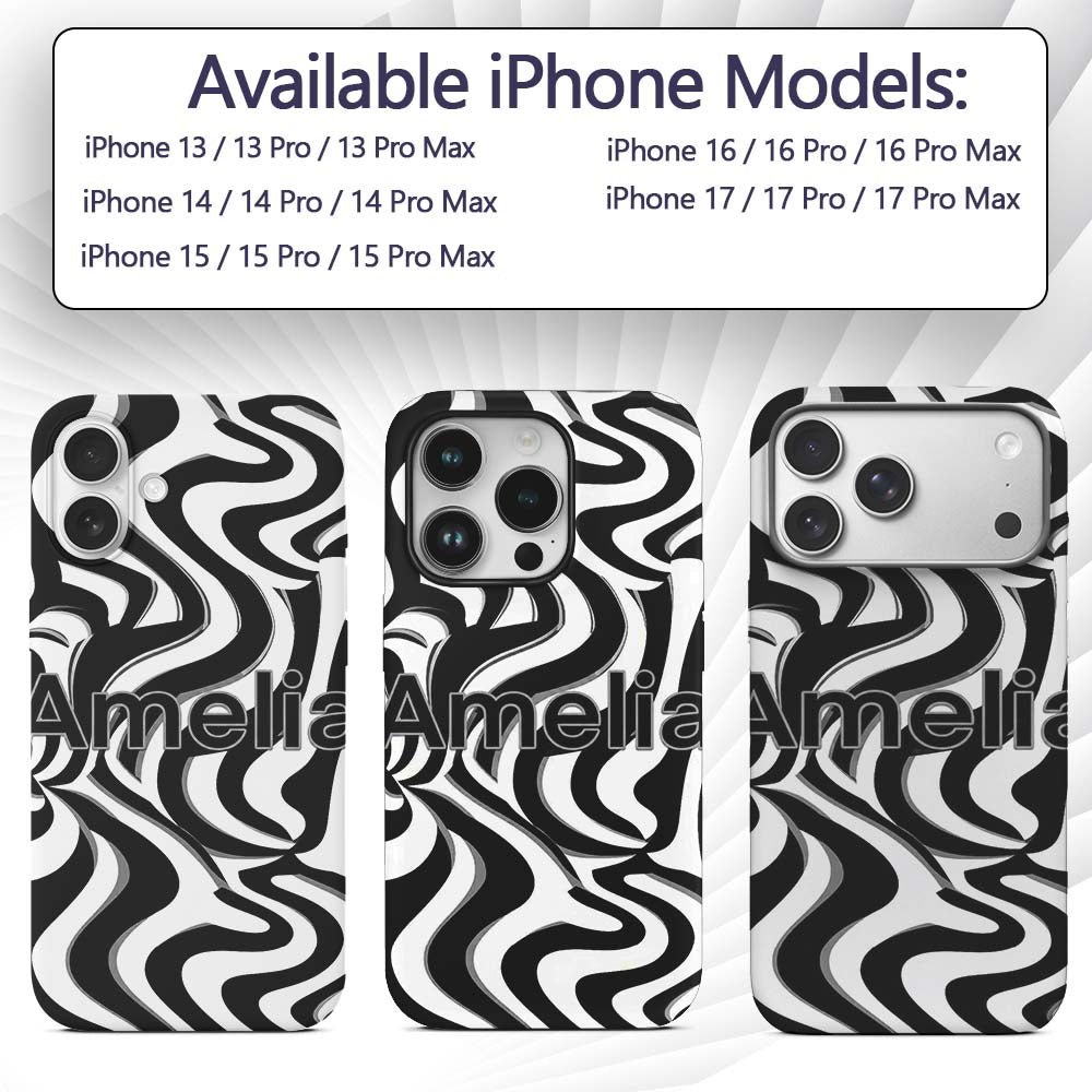 Black White Zebra Wave Optical Abstract Seamless Custom Name Protective Phone Case Mobile Cover Durable Everyday Smartphone Shock Resistant