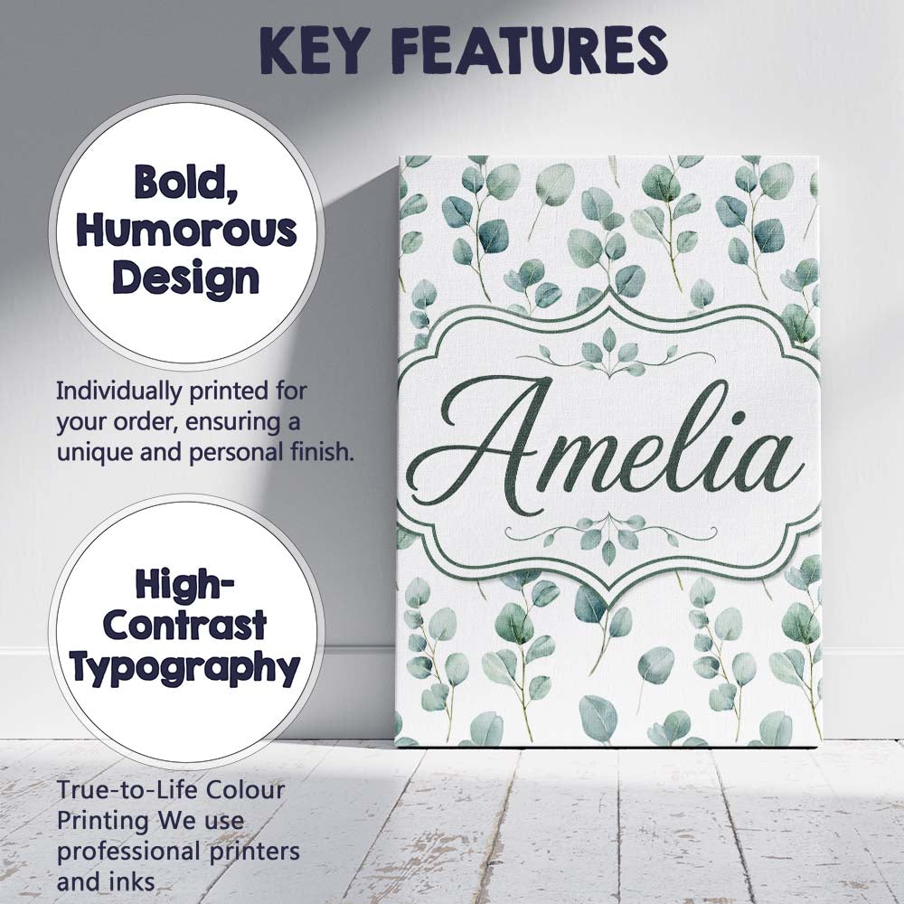 Personalised Name Soft Green Eucalyptus Custom Modern Room Accent Elegant Feature Canvas Wall Art Print Decor Picture Ready to Hang