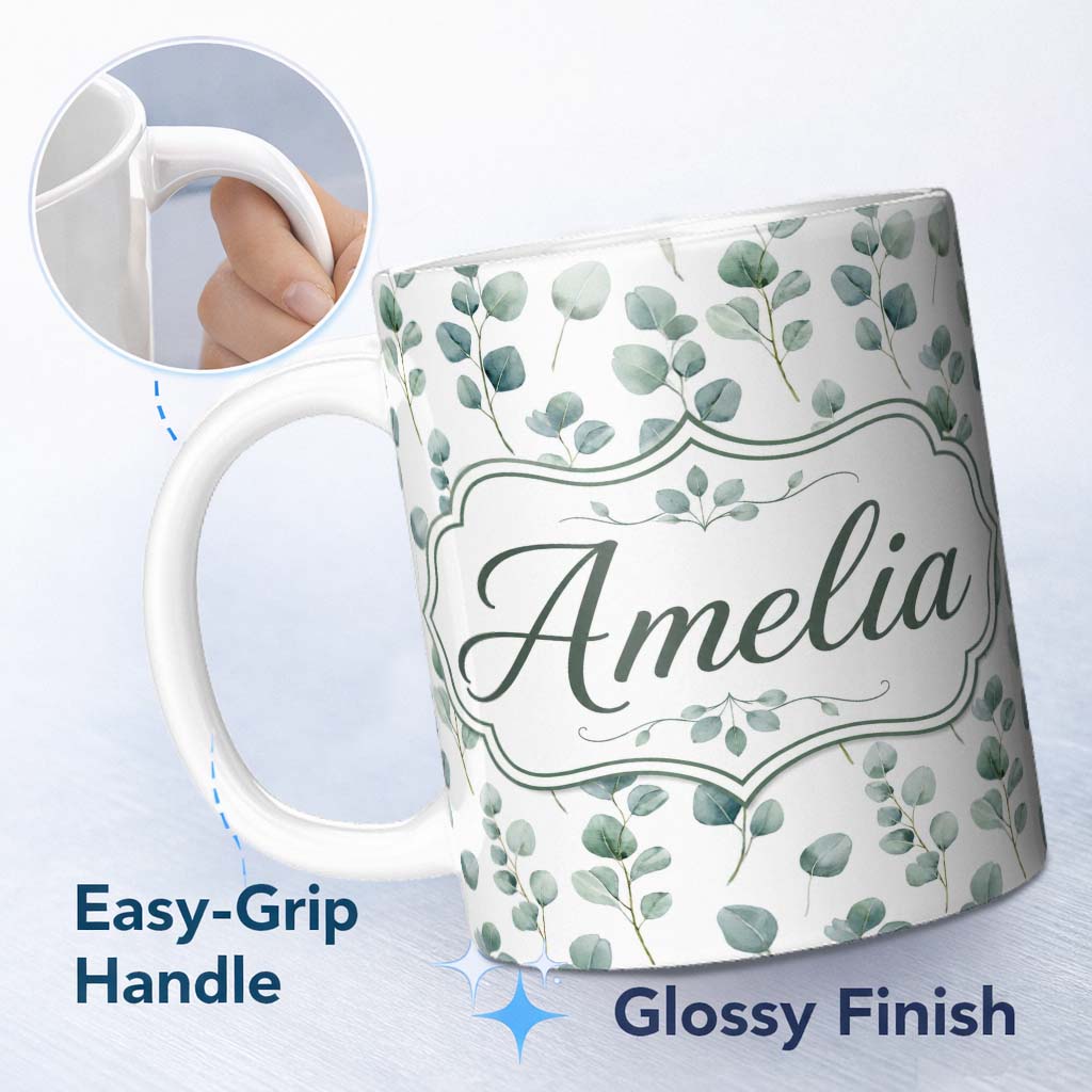Personalized Custom Name Soft Green Eucalyptus Leaf Botanical Seamless Pattern Name Cute 11oz Ceramic Coffee Tea Mug White Large Handle