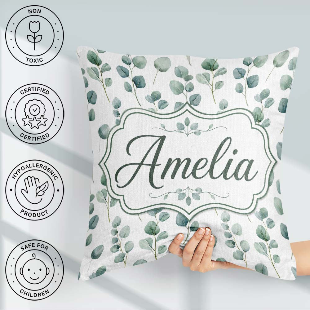 Custom Name Soft Green Leaf Botanical Seamless Pattern Name Cute Square Filled Cushion Throw Pillow Sofa Bed Home Decor Zip Washable UK Made