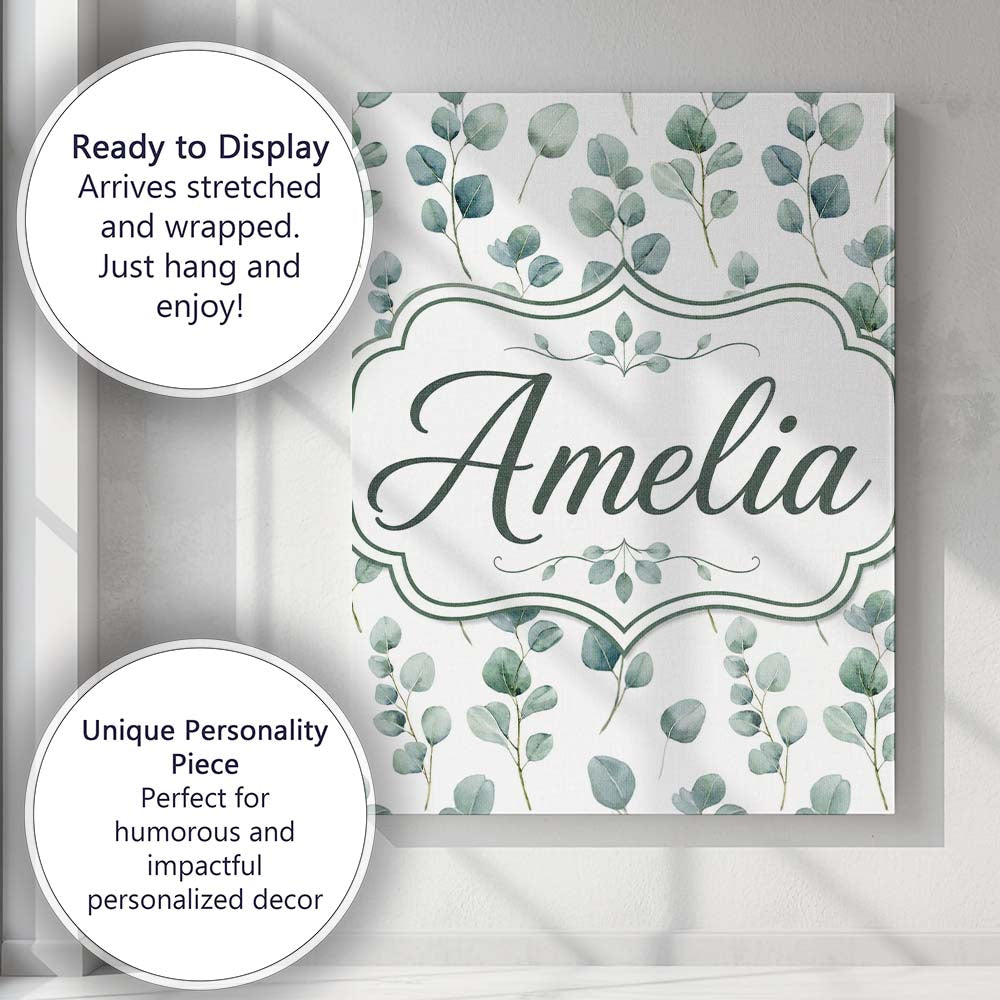 Personalised Name Soft Green Eucalyptus Custom Modern Room Accent Elegant Feature Canvas Wall Art Print Decor Picture Ready to Hang
