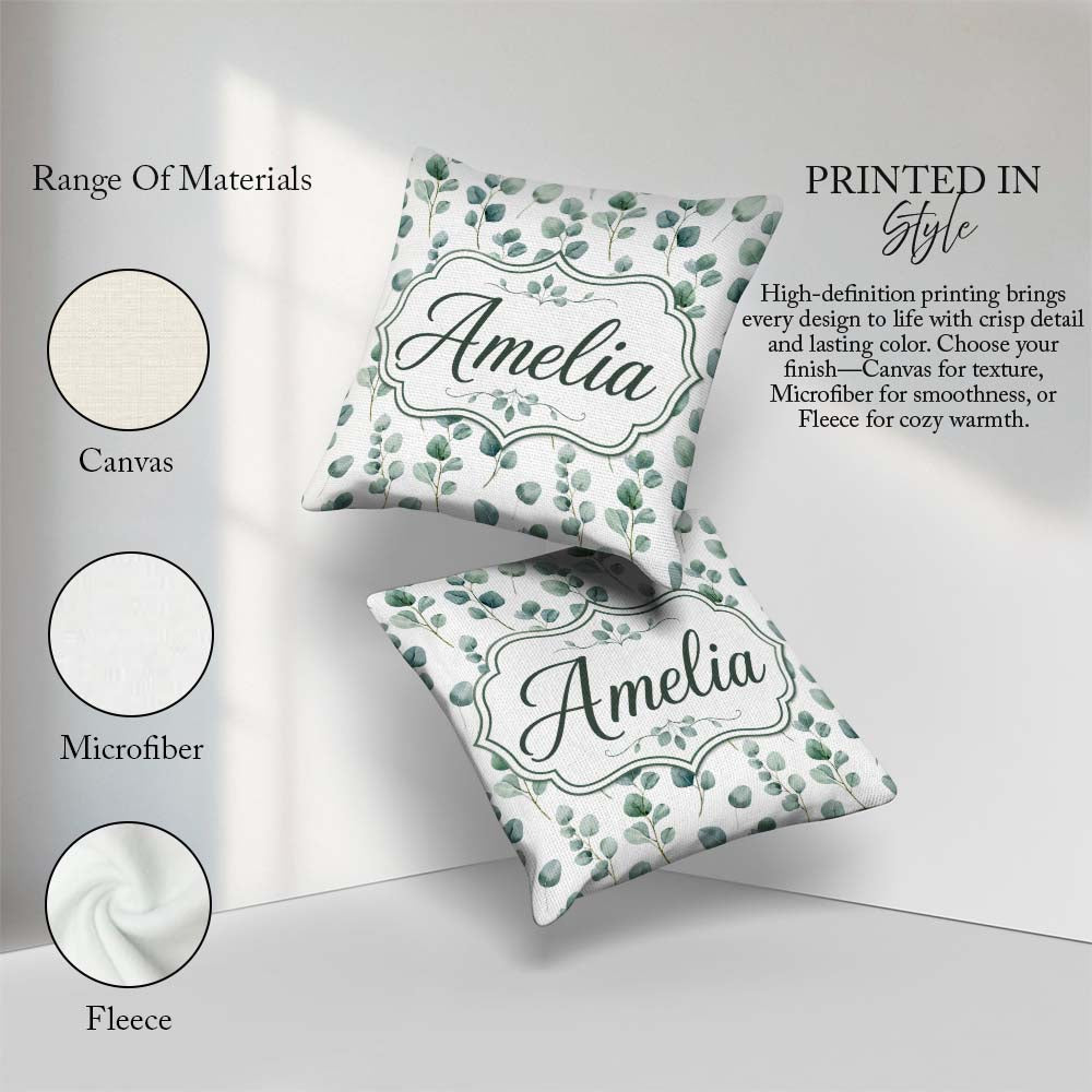 Custom Name Soft Green Leaf Botanical Seamless Pattern Name Cute Square Filled Cushion Throw Pillow Sofa Bed Home Decor Zip Washable UK Made