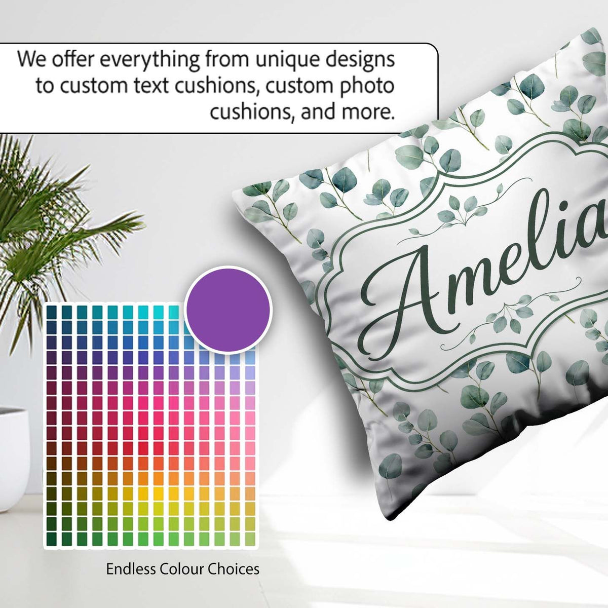 Custom Name Soft Green Leaf Botanical Seamless Pattern Name Cute Square Filled Cushion Throw Pillow Sofa Bed Home Decor Zip Washable UK Made