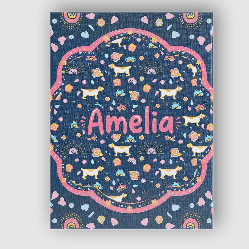 Personalised Name Boho Dog Floral Rainbow Navy Background Seamless Custom Unique Canvas Wall Art Print Decor Picture Ready to Hang