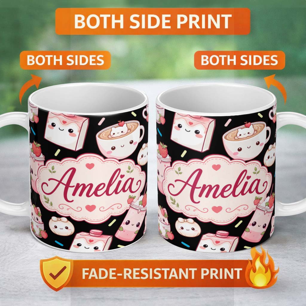 Personalized Custom Name Cute Kawaii Cute Drinks And Dessert Characters Seamless Pattern 11oz Ceramic Coffee Tea Mug White Large Handle