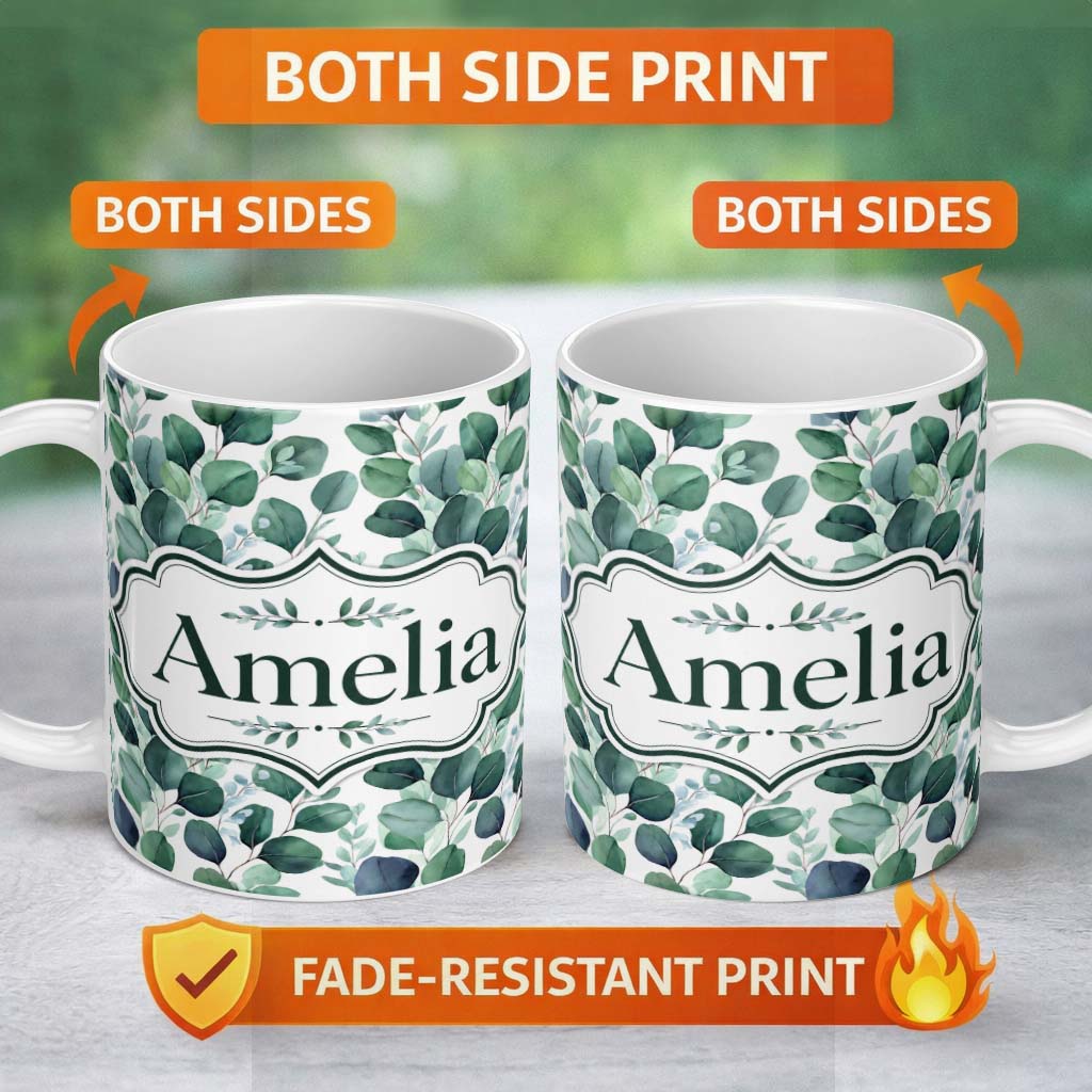 Personalized Custom Name Watercolor Eucalyptus Leaves Soft Botanical Seamless Pattern Name 11oz Ceramic Coffee Tea Mug White Large Handle