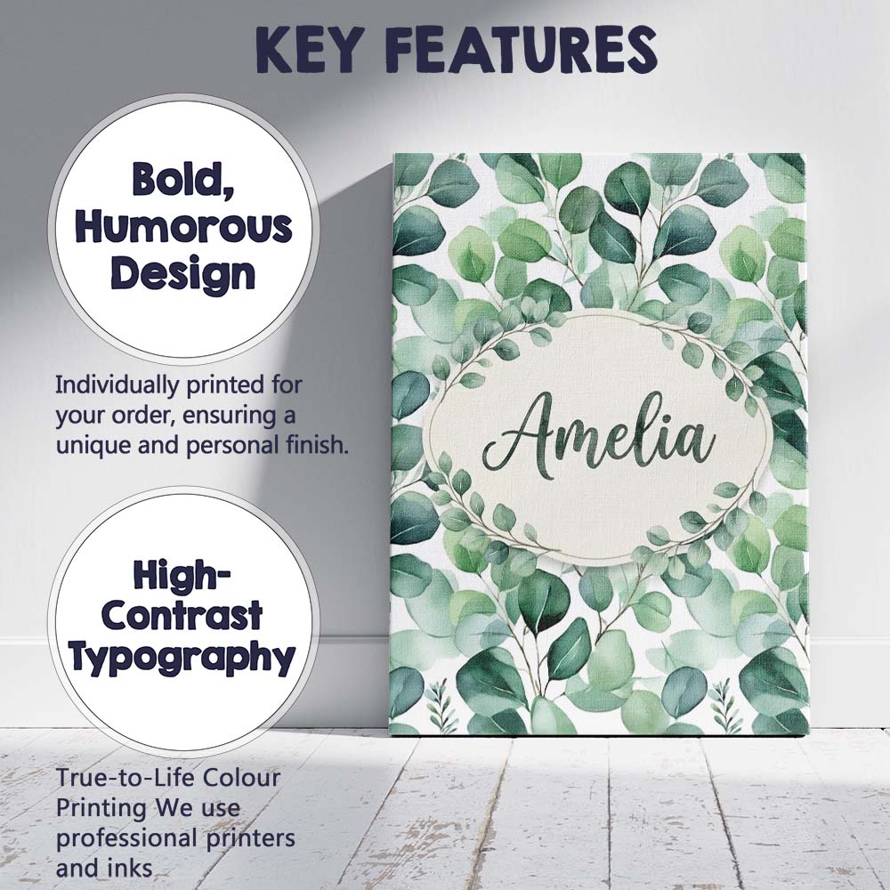Personalised Name Green Eucalyptus Branches Custom Bespoke Interior Contemporary Canvas Wall Art Print Decor Picture Ready to Hang