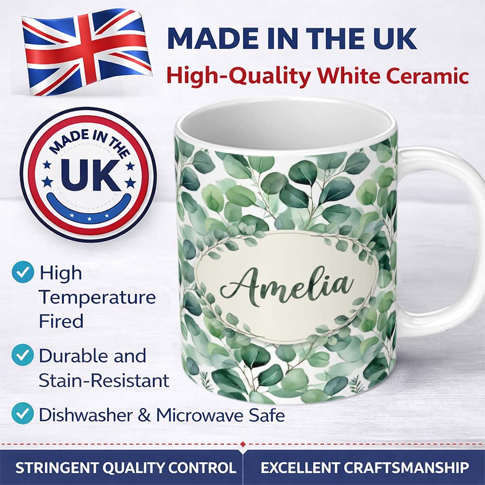 Personalized Custom Name Green Eucalyptus Branches Natural Botanical Seamless Pattern Name 11oz Ceramic Coffee Tea Mug White Large Handle