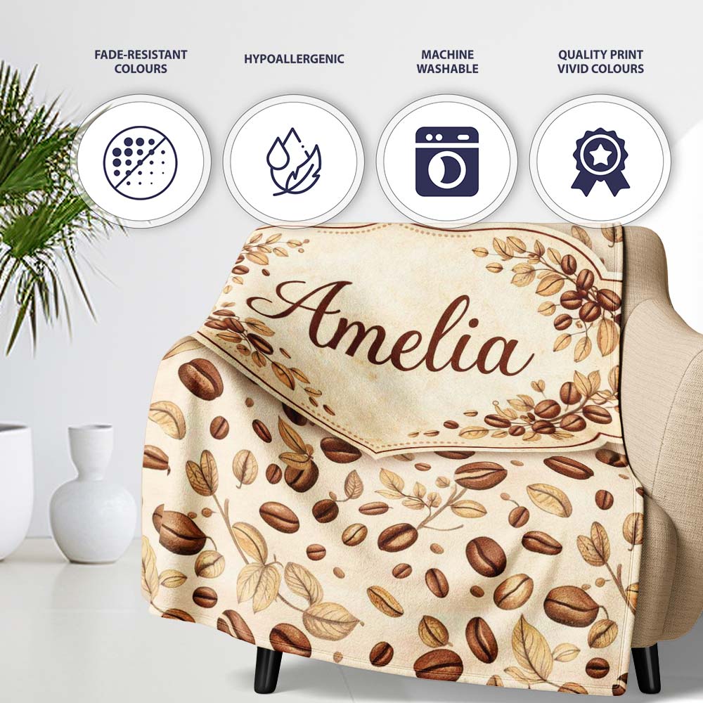 Hand Drawn Coffee Beans and Leaves Seamless Pattern Cute Unique Gift Personalised Custom Name Super Soft Fleece Blanket Bed Sofa Throw