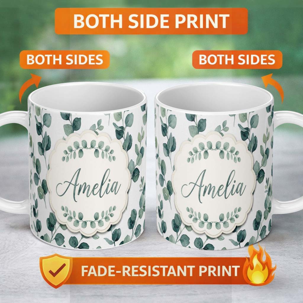 Personalized Custom Name Fresh Green Leaf Sprigs Minimal Botanical Seamless Pattern Name Cute 11oz Ceramic Coffee Tea Mug White Large Handle