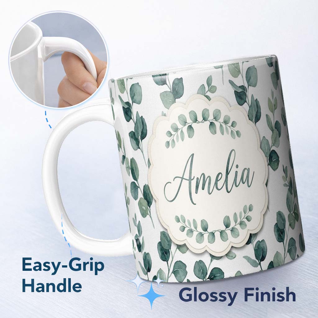 Personalized Custom Name Fresh Green Leaf Sprigs Minimal Botanical Seamless Pattern Name Cute 11oz Ceramic Coffee Tea Mug White Large Handle
