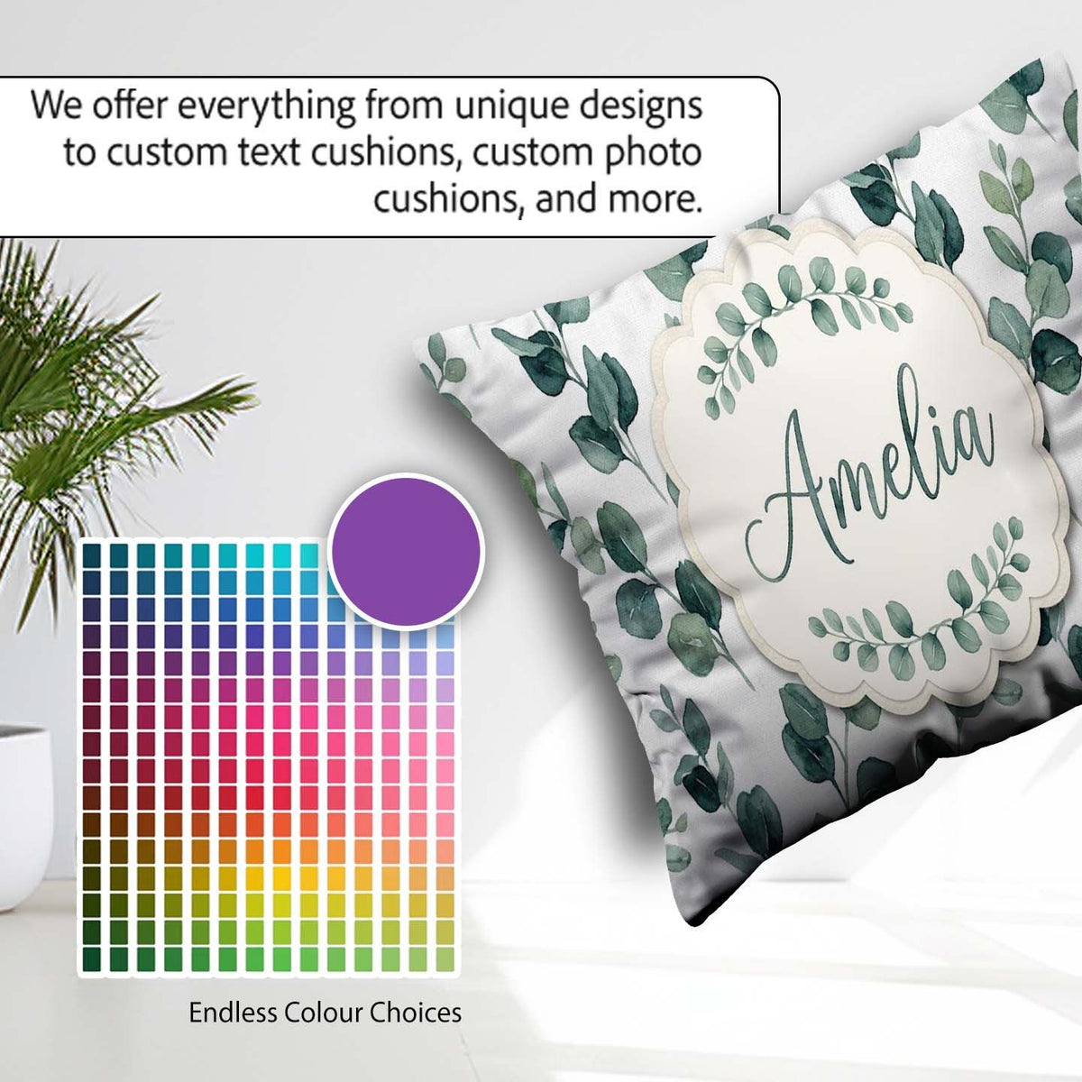 Custom Name Fresh Green Leaf Sprigs Botanical Seamless Name Cute Square Filled Cushion Throw Pillow Sofa Bed Home Decor Zip Washable UK Made