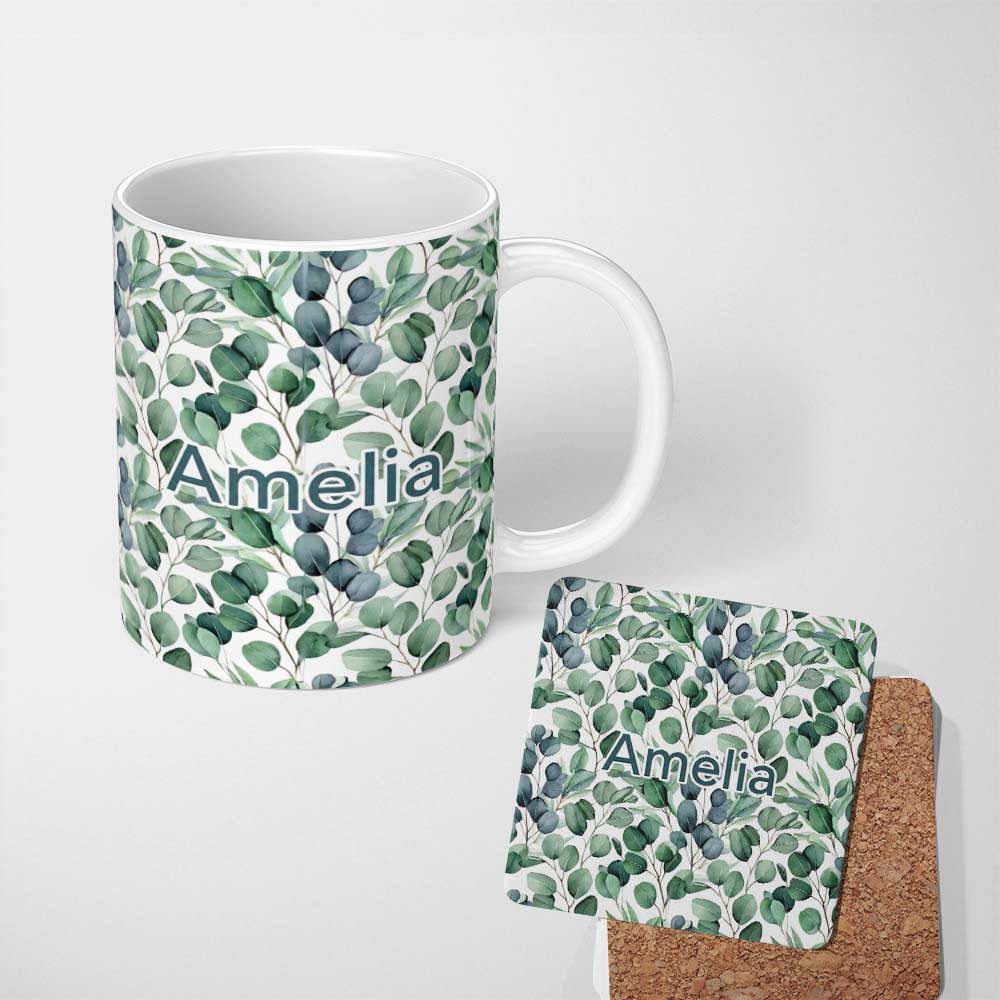 Personalized Custom Name Blue Green Eucalyptus Leaves Elegant Seamless Pattern Name Cute 11oz Ceramic Coffee Tea Mug White Large Handle