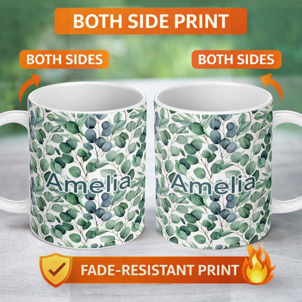 Personalized Custom Name Blue Green Eucalyptus Leaves Elegant Seamless Pattern Name Cute 11oz Ceramic Coffee Tea Mug White Large Handle