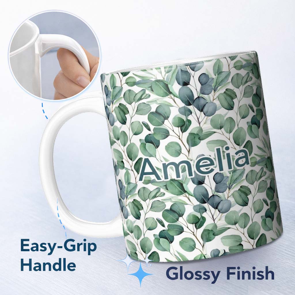 Personalized Custom Name Blue Green Eucalyptus Leaves Elegant Seamless Pattern Name Cute 11oz Ceramic Coffee Tea Mug White Large Handle