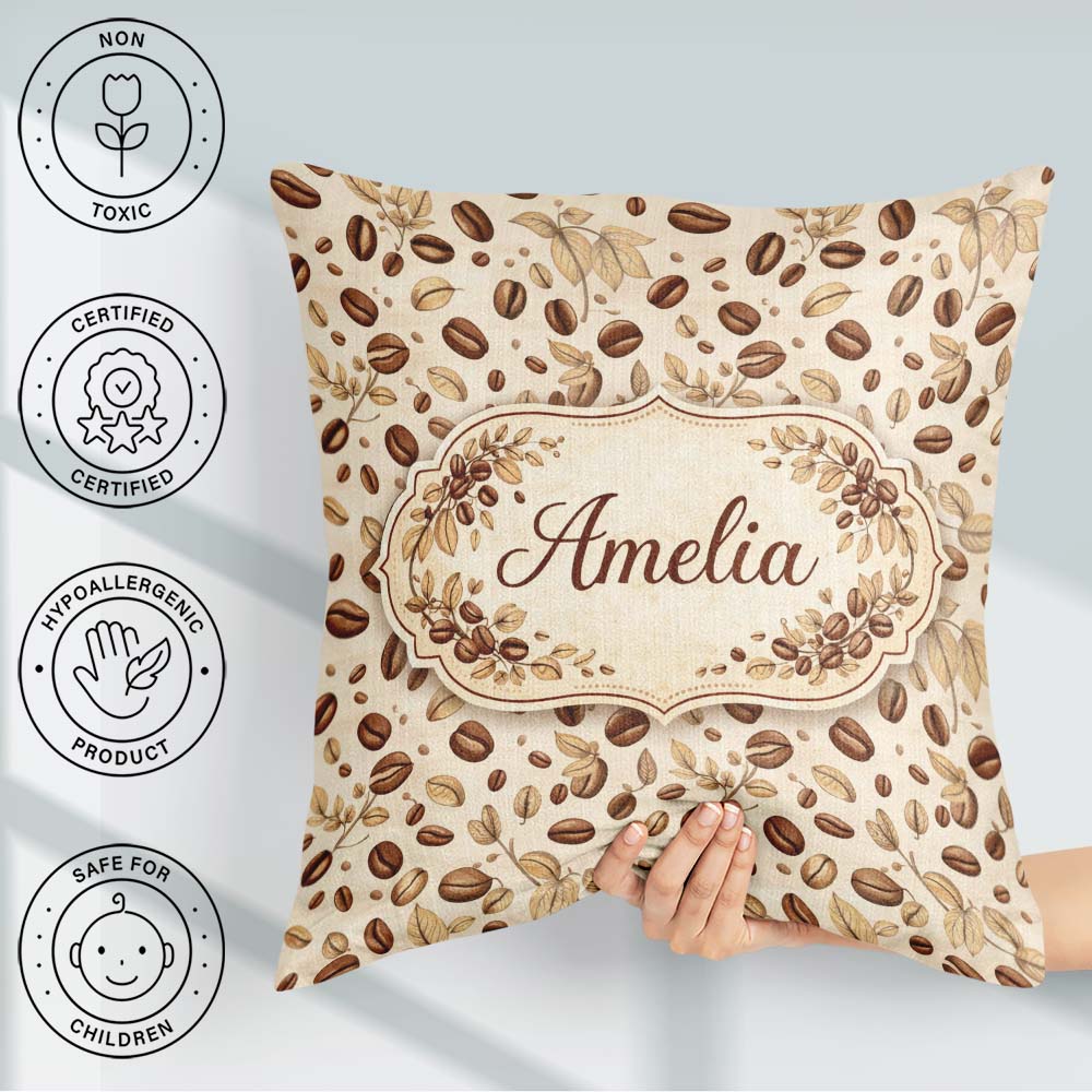 Custom Name Hand Drawn Beans and Leaves Seamless Pattern Cute Square Filled Cushion Throw Pillow Sofa Bed Home Decor Zip Washable UK Made