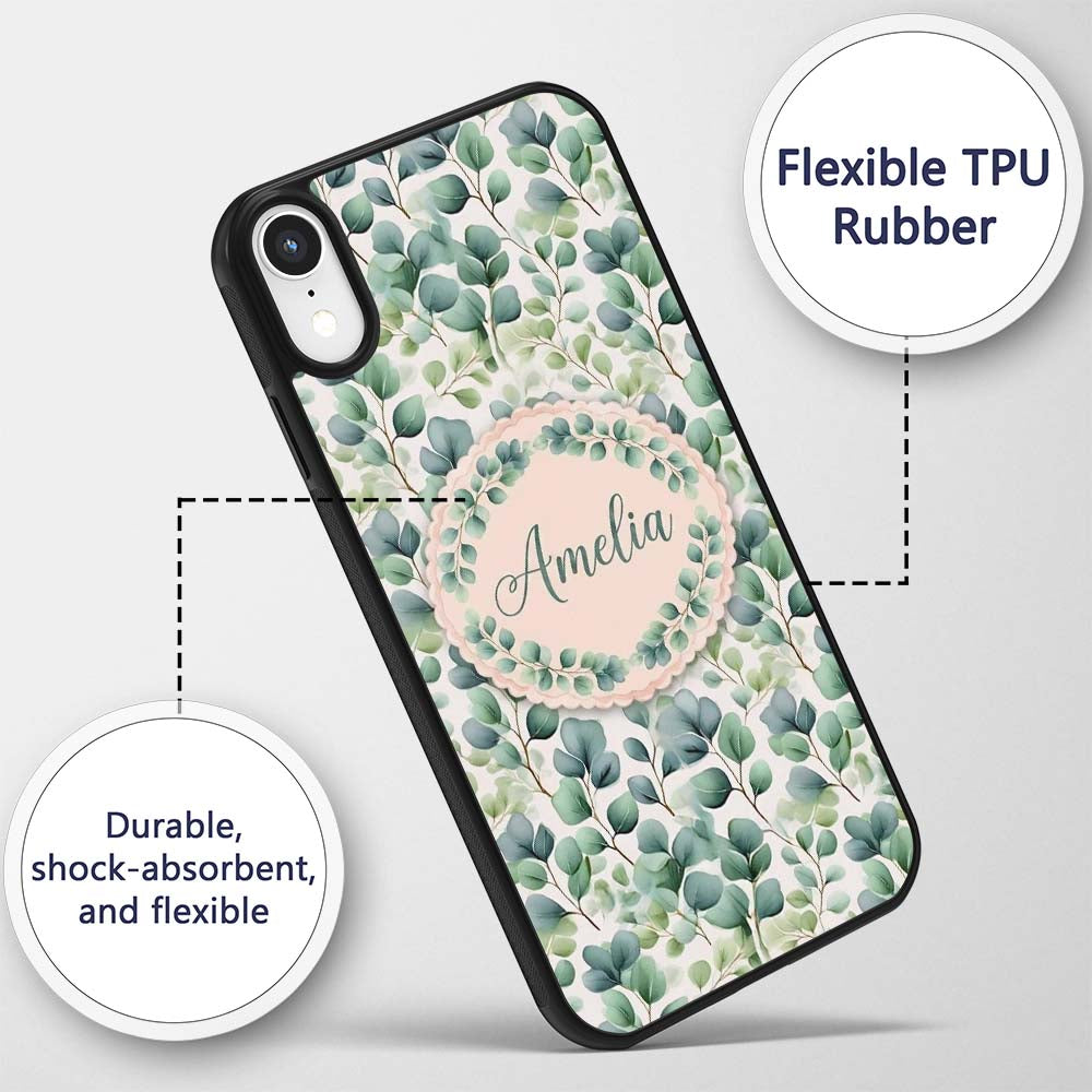 Light Green Eucalyptus Foliage Soft Botanical Custom Name Protective Phone Case Mobile Cover Durable Everyday Smartphone Shock Resistant