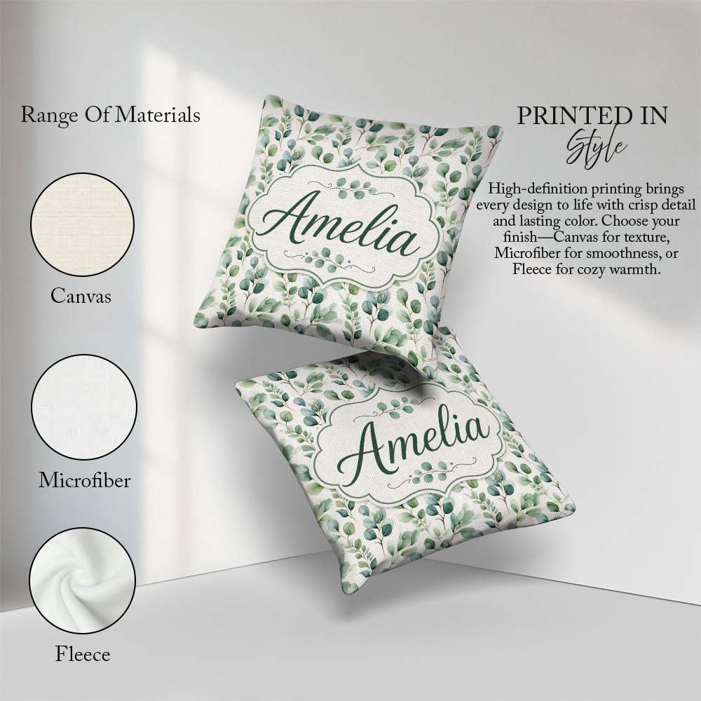Custom Name Soft Eucalyptus Leaves Watercolor Botanical Seamless Square Filled Cushion Throw Pillow Sofa Bed Home Decor Zip Washable UK Made