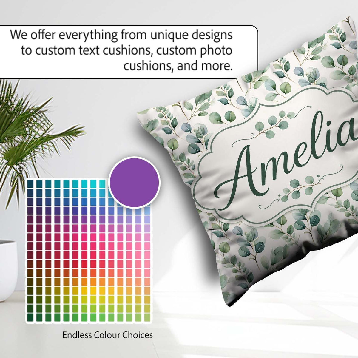 Custom Name Soft Eucalyptus Leaves Watercolor Botanical Seamless Square Filled Cushion Throw Pillow Sofa Bed Home Decor Zip Washable UK Made