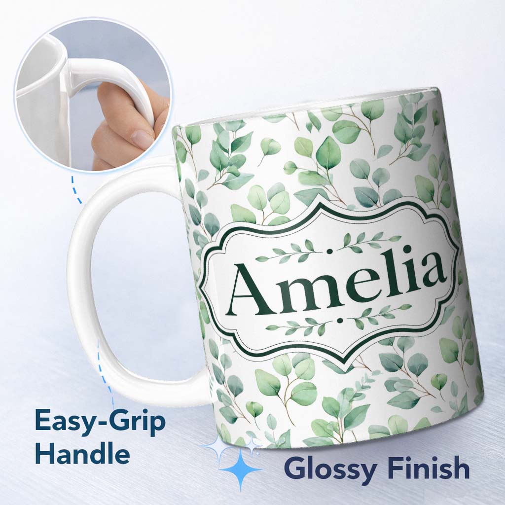 Personalized Custom Name Light Sage Green Eucalyptus Leaf Botanical Seamless Pattern Name 11oz Ceramic Coffee Tea Mug White Large Handle