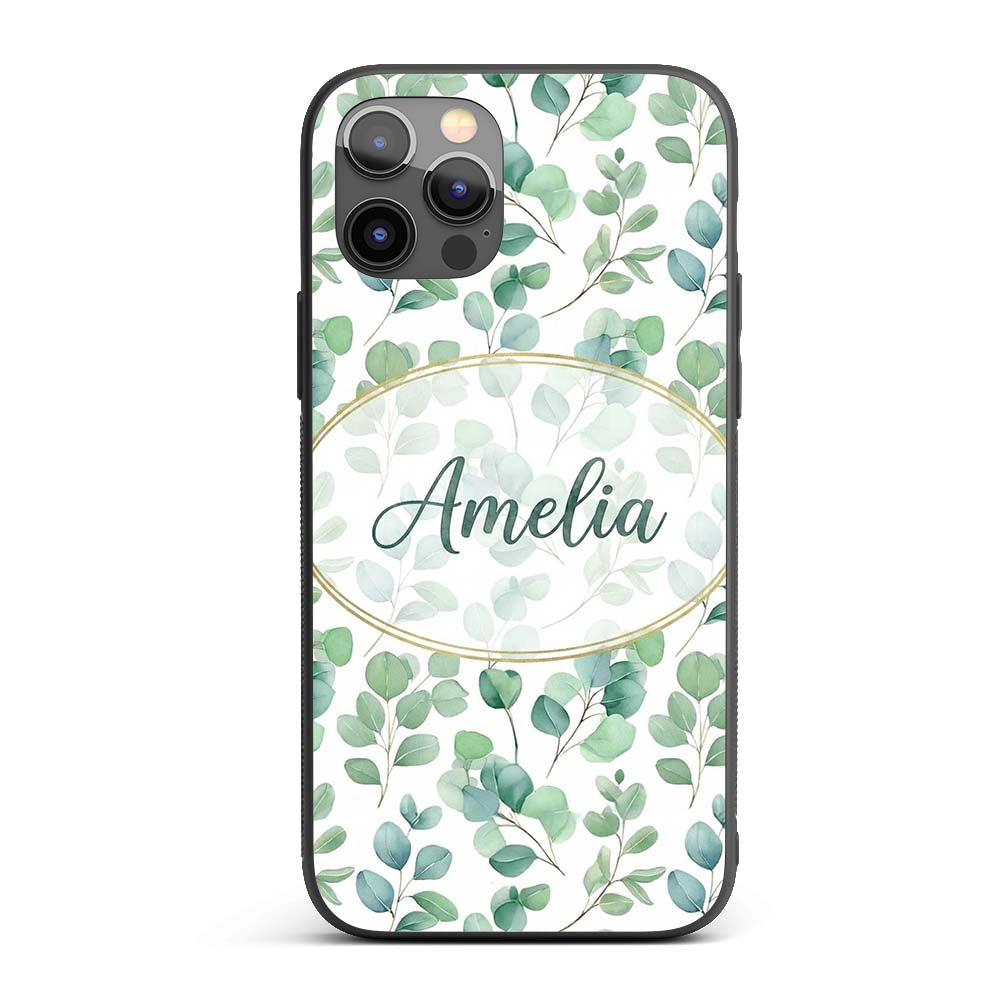 Muted Green Eucalyptus Branches Minimal Seamless Custom Name Protective Phone Case Mobile Cover Durable Everyday Smartphone Shock Resistant